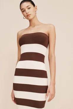 THEO STRAPLESS DRESS - CHOCOLATE STRIPE | POSSE Online